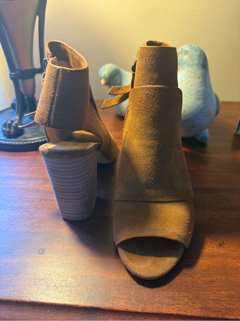 Splendid Tan Suede Peep-Toe Stacked Heel Ankle Boots - Picture 10 of 11